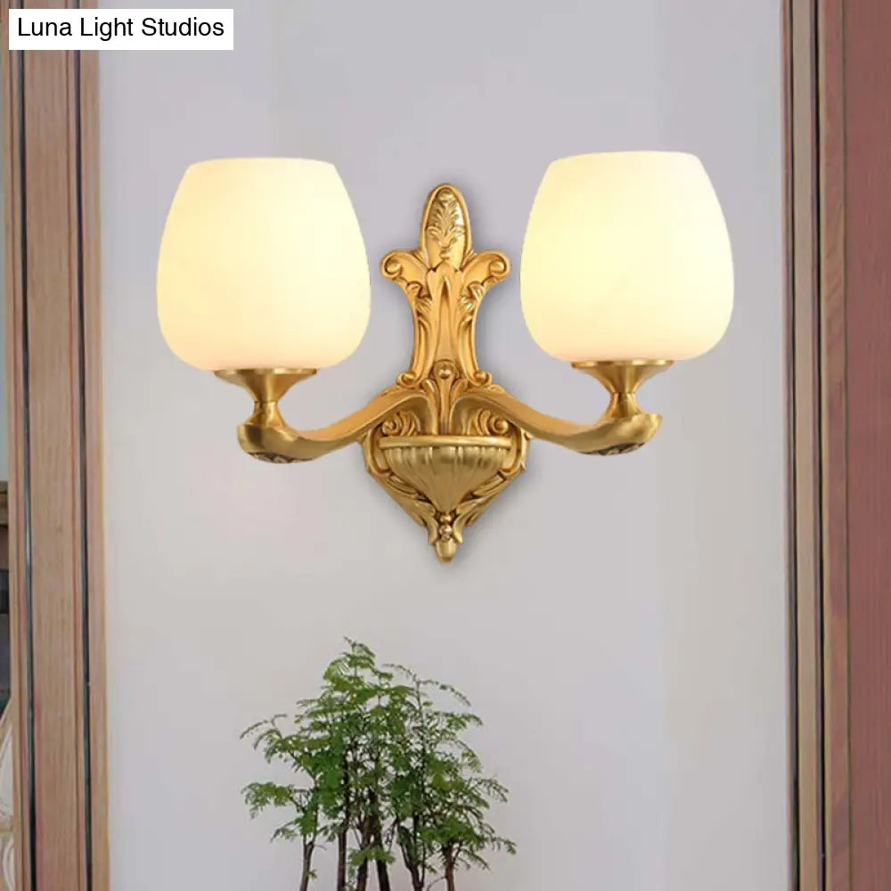 Countryside Wall Sconce With Brass Accent And Cream Glass Cup For Bedroom Lighting