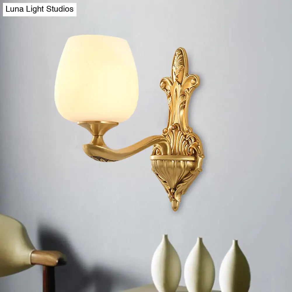 Countryside Wall Sconce With Brass Accent And Cream Glass Cup For Bedroom Lighting