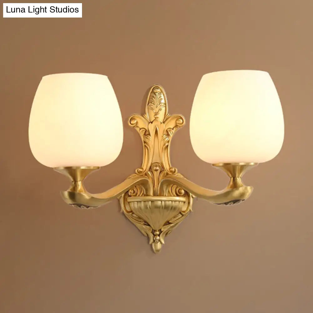 Countryside Wall Sconce With Brass Accent And Cream Glass Cup For Bedroom Lighting