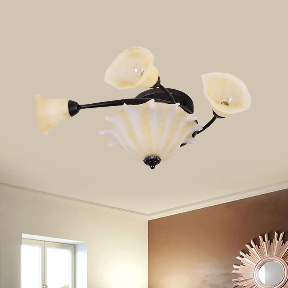 Countryside Whirled Frosted Glass Flush Mount Ceiling Lighting In Black - 3 - Light Lamp