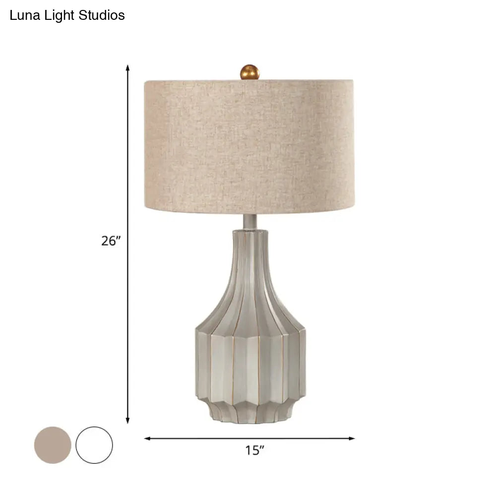 Countryside White/Beige Fabric Drum Table Lamp With 1-Light And Ridged Vase Base