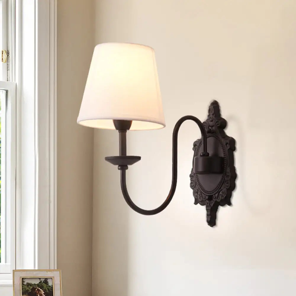 Countryside White Fabric Cone Wall Light With Black Wavy Arm - Half-Head Shade Mounted Lighting 1 /