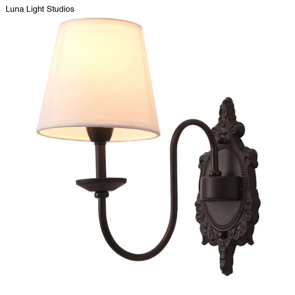 Countryside White Fabric Cone Wall Light With Black Wavy Arm - Half-Head Shade Mounted Lighting