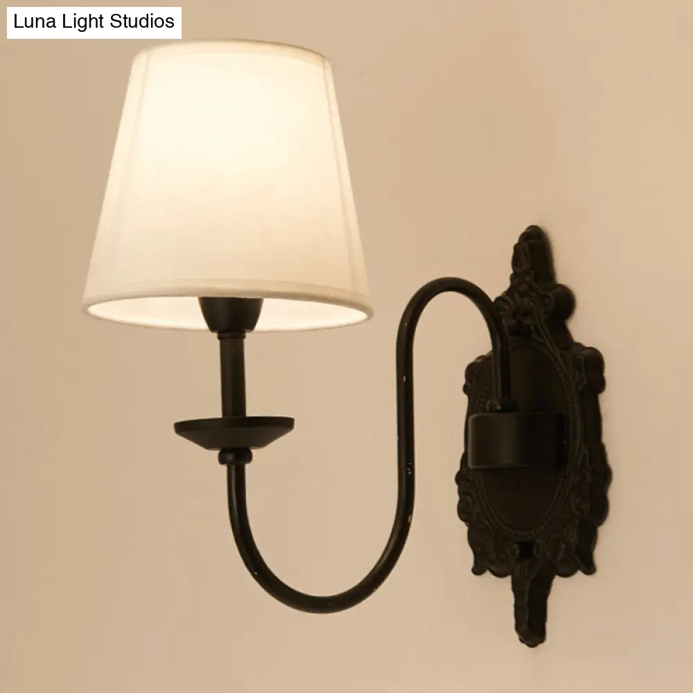 Countryside White Fabric Cone Wall Light With Black Wavy Arm - Half-Head Shade Mounted Lighting