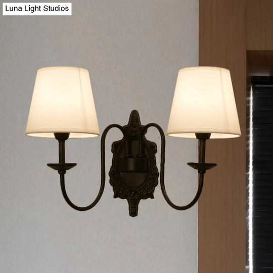 Countryside White Fabric Cone Wall Light With Black Wavy Arm - Half-Head Shade Mounted Lighting