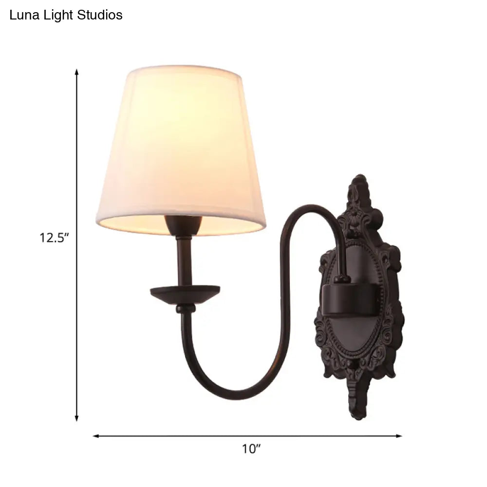 Countryside White Fabric Cone Wall Light With Black Wavy Arm - Half-Head Shade Mounted Lighting