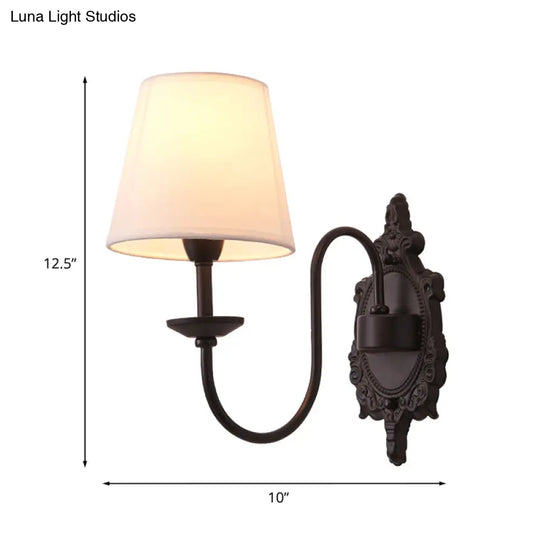 Countryside White Fabric Cone Wall Light With Black Wavy Arm - Half-Head Shade Mounted Lighting