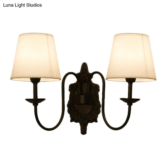 Countryside White Fabric Cone Wall Light With Black Wavy Arm - Half-Head Shade Mounted Lighting