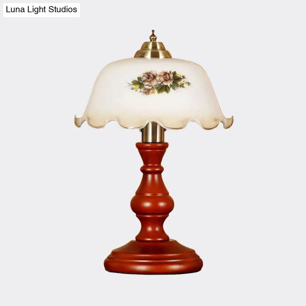 Countryside Wood Baluster Night Light - Red Brown Lounge Table Lamp With Opal Glass Lampshade