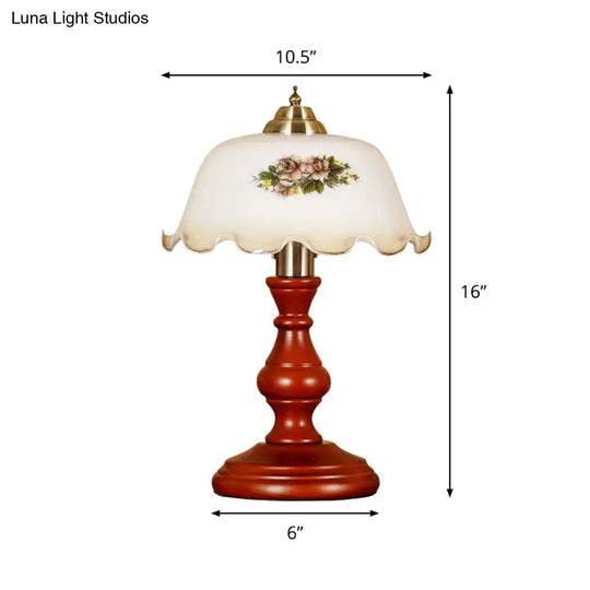 Countryside Wood Baluster Night Light - Red Brown Lounge Table Lamp With Opal Glass Lampshade