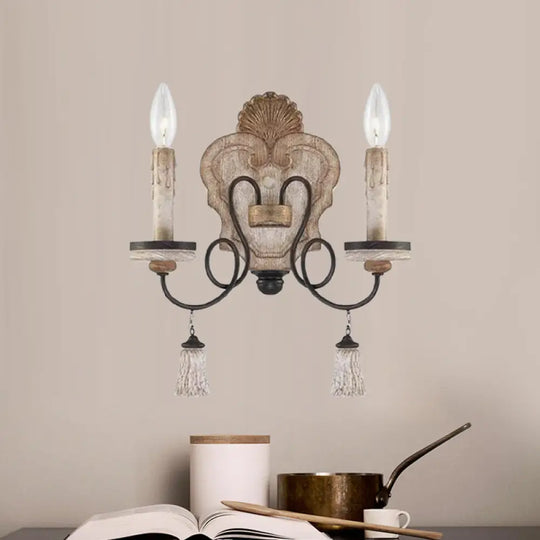 Countryside Wood Wall Sconce Light With 2 Candle-Style Lights In Black And White For Living Room