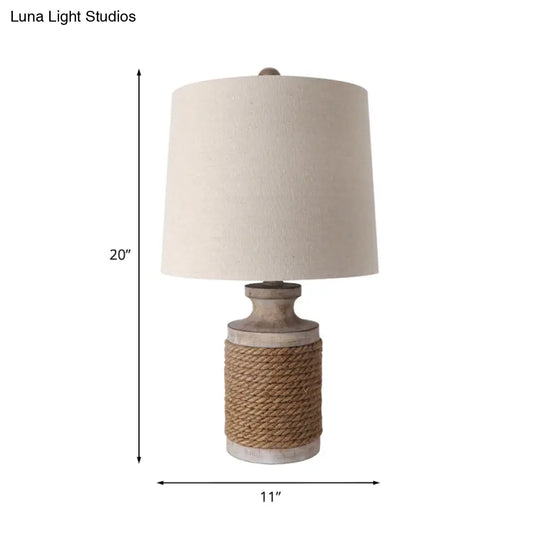 Cozy Lodge Fabric Table Lamp - Cylindrical Living Room Night Light With Roped Pot Base (White 1