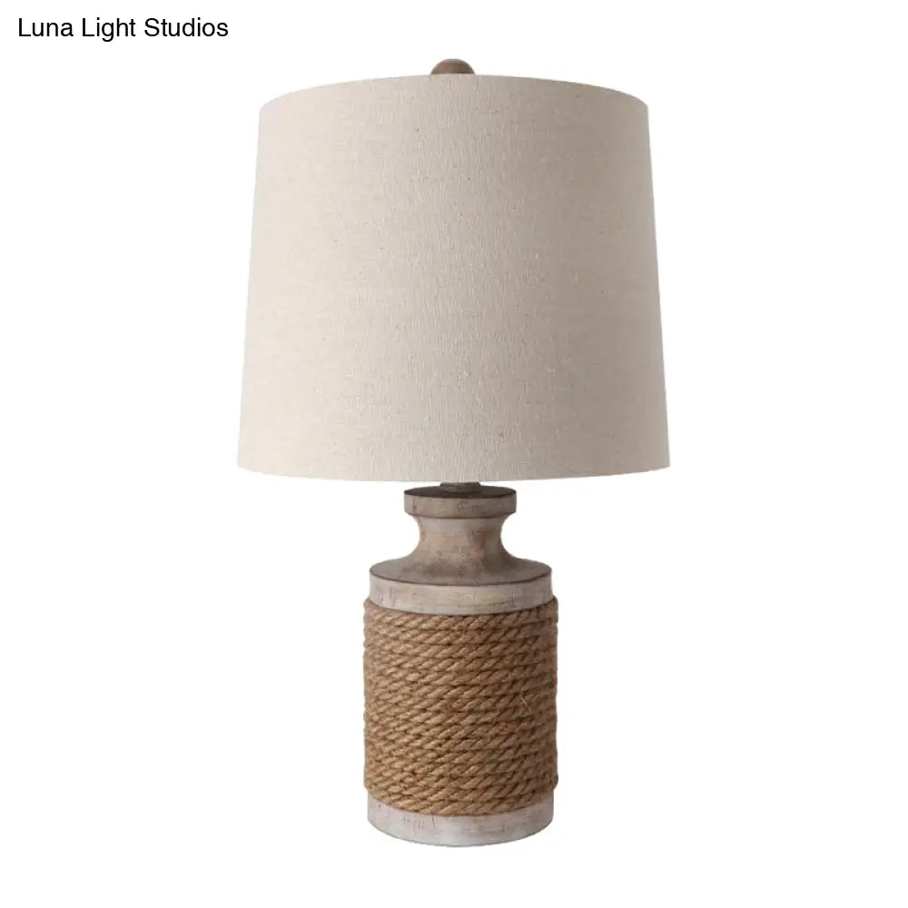 Cozy Lodge Fabric Table Lamp - Cylindrical Living Room Night Light With Roped Pot Base (White 1