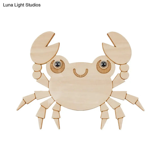 Crab Kids Led Wall Sconce Wood Cartoon Lamp - Beige