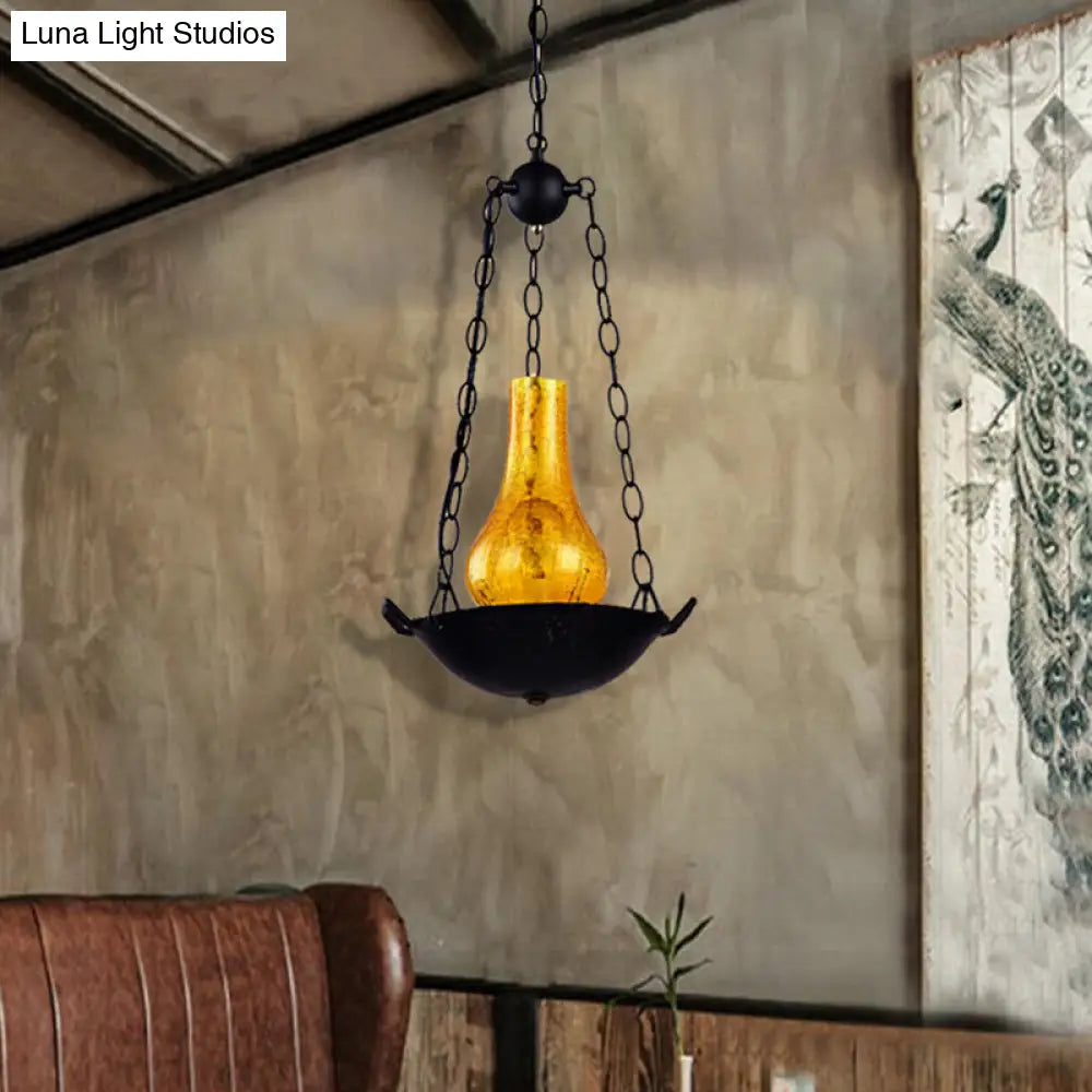 Crackle Glass Vintage Pendant Light With Black/Brown Finish