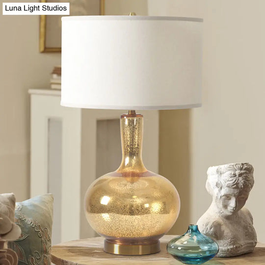 Crackle Glass Night Light - Gold Country Style Cylinder Fabric Shade Bedroom Nightstand Lighting