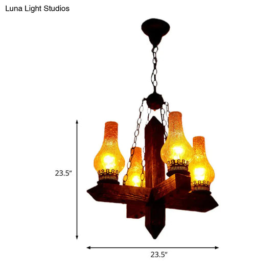 Farmhouse Amber Crackle Glass Vase Chandelier With Metal Frame - 5-Light Dining Room Pendant