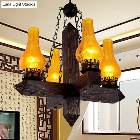 Farmhouse Amber Crackle Glass Vase Chandelier With Metal Frame - 5-Light Dining Room Pendant