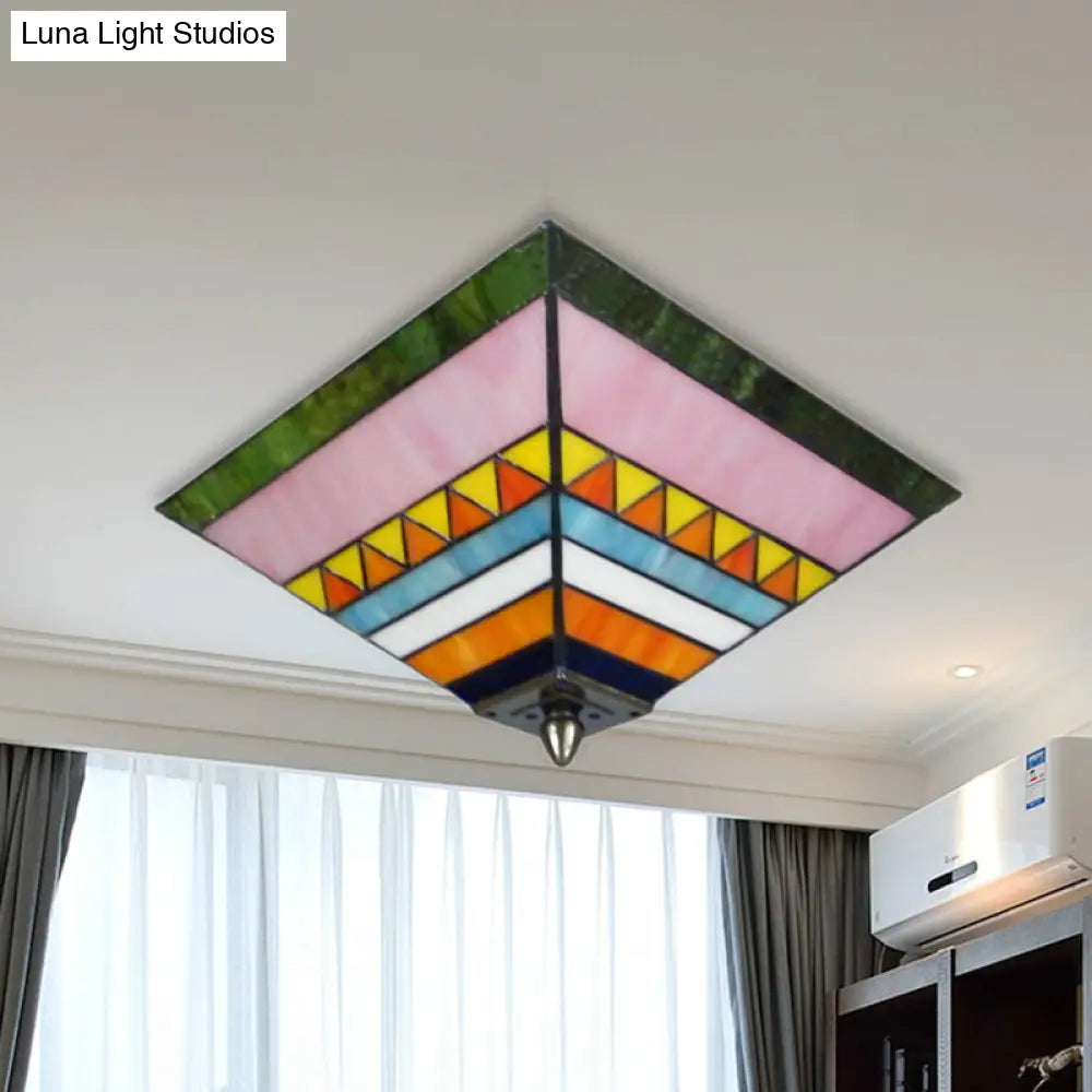 Craftsman Stained Glass Flush Ceiling Light - Multicolored Pyramid Design 2 Bulbs Foyer Mount