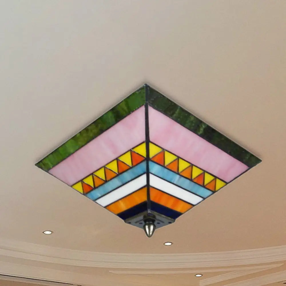 Craftsman Stained Glass Flush Ceiling Light - Multicolored Pyramid Design 2 Bulbs Foyer Mount