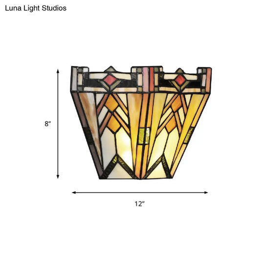 Craftsman Stained Glass Wall Lamp: Geometric Design 1 Light Sconce In Beige For Living Room Lighting