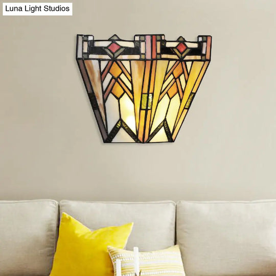 Craftsman Stained Glass Wall Lamp: Geometric Design 1 Light Sconce In Beige For Living Room Lighting