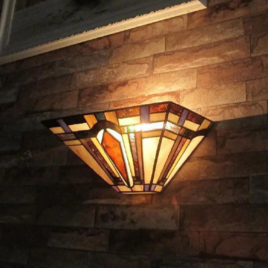 Craftsman Stained Glass Wall Sconce Light With Geometric Design - Ideal For Restaurants Brown