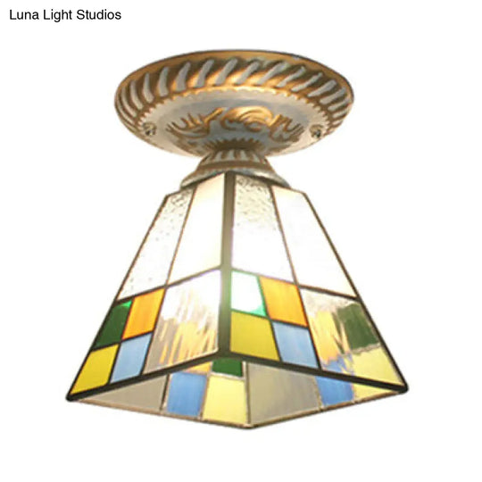 Craftsman Tiffany Ceiling Mount Light - Multi-Colored 1-Light Fixture For Hallway White-Gold