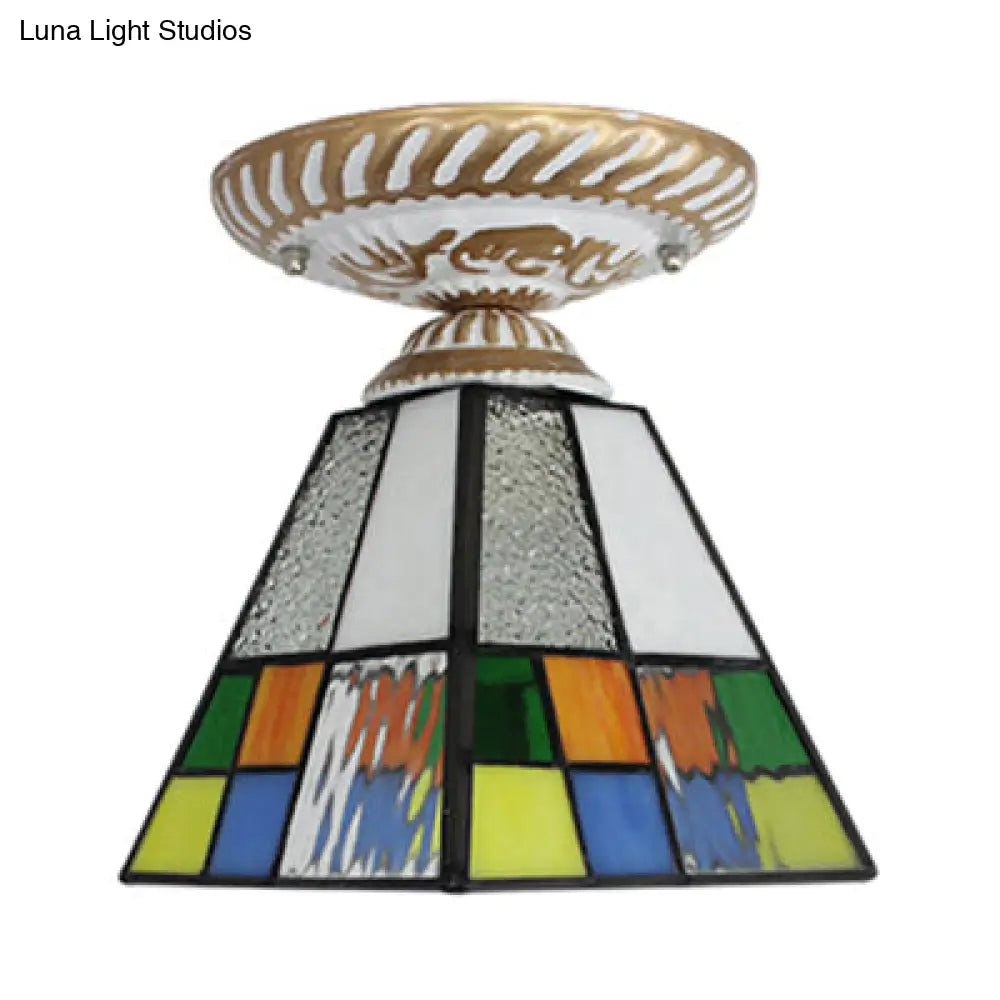 Craftsman Tiffany Ceiling Mount Light - Multi-Colored 1-Light Fixture For Hallway