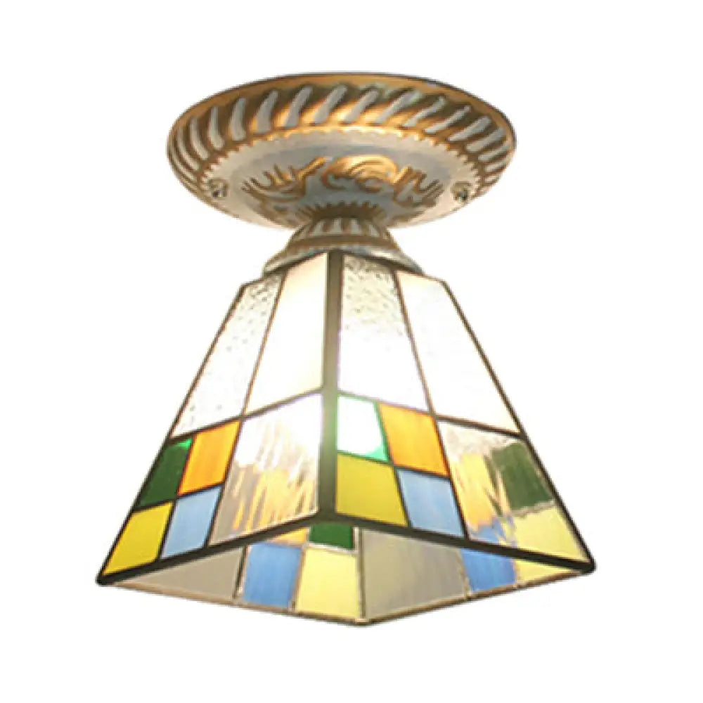 Craftsman Tiffany Ceiling Mount Light - Multi-Colored 1-Light Fixture For Hallway White-Gold