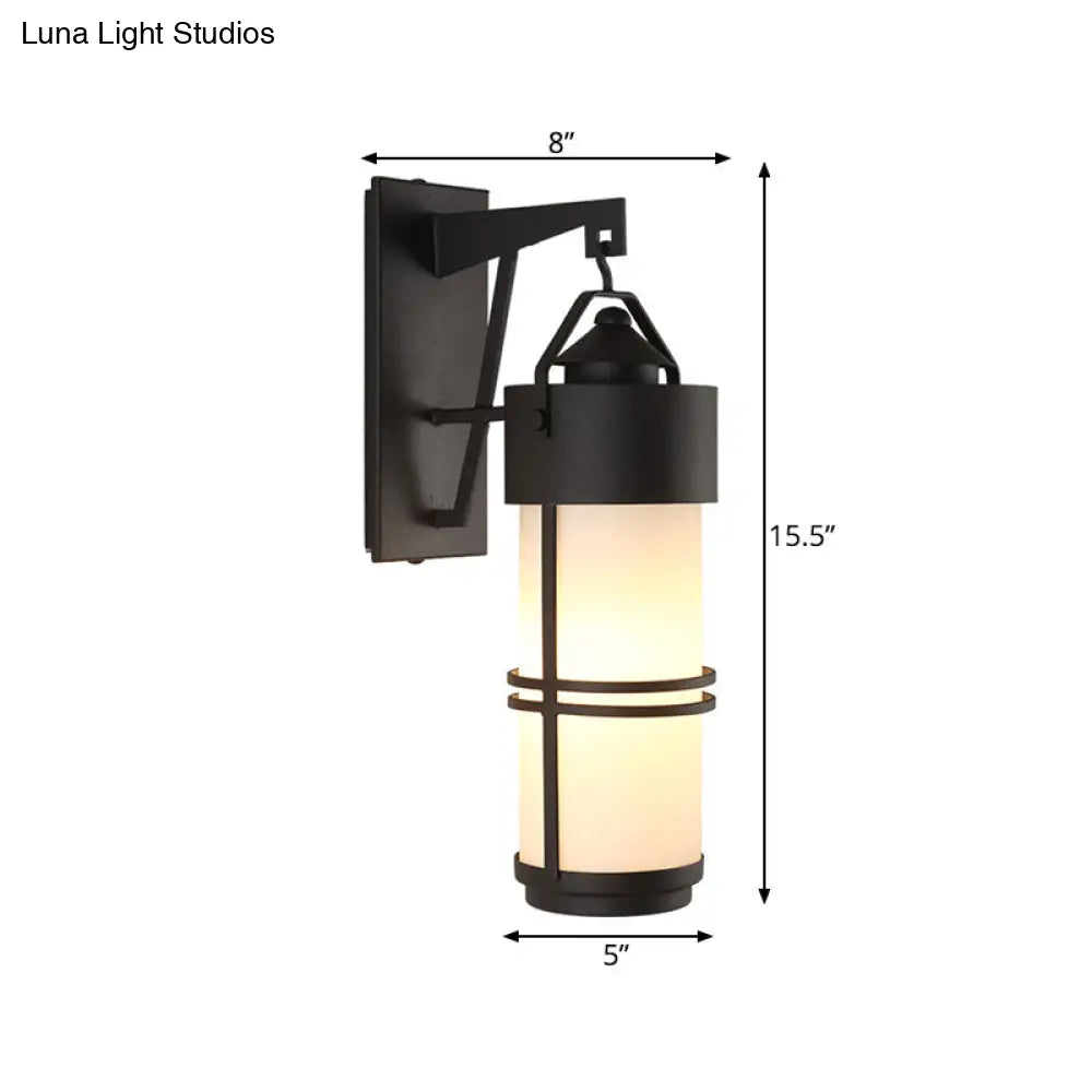 Cream Glass Cylindrical Stairs Wall Light With Black Finish - Classic 1-Light Sconce Fixture