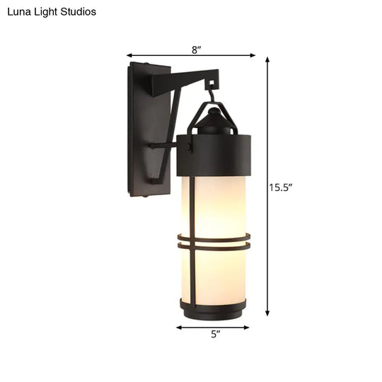 Cream Glass Cylindrical Stairs Wall Light With Black Finish - Classic 1-Light Sconce Fixture