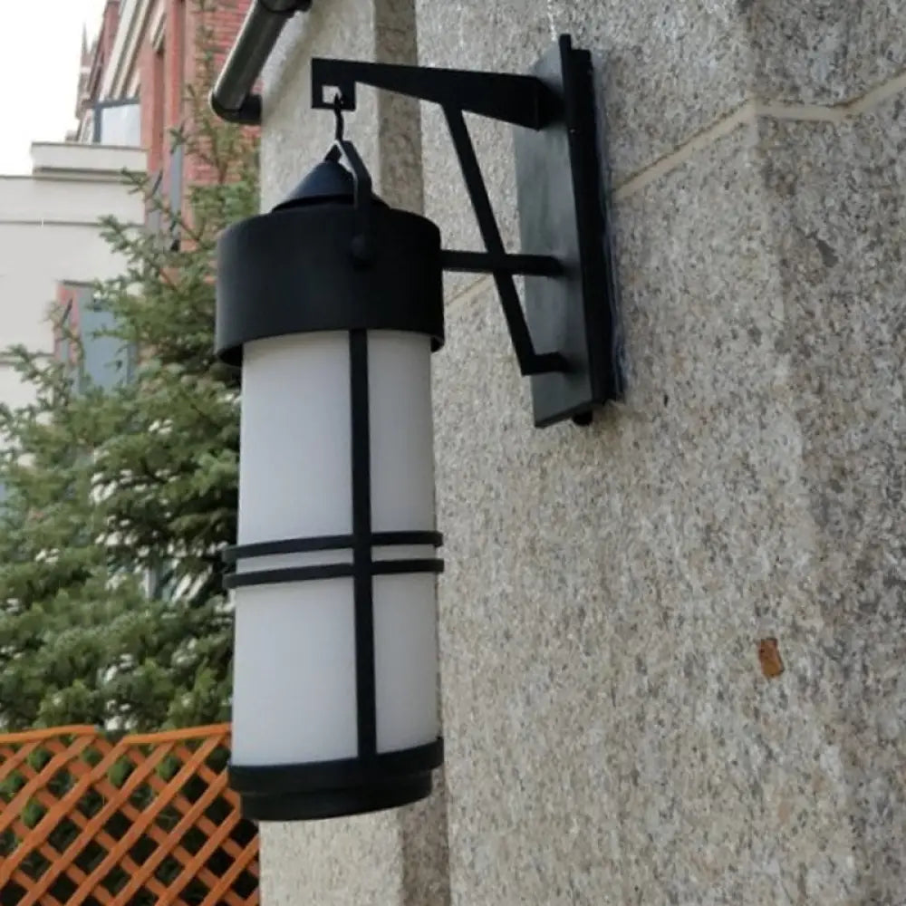 Cream Glass Cylindrical Stairs Wall Light With Black Finish - Classic 1-Light Sconce Fixture