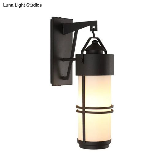 Cream Glass Cylindrical Stairs Wall Light With Black Finish - Classic 1-Light Sconce Fixture