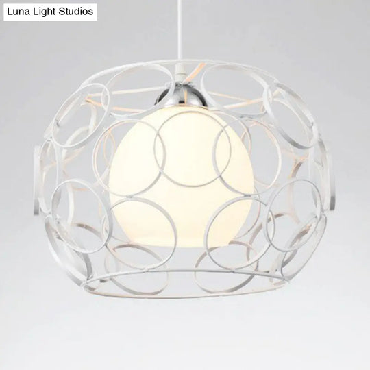 Industrial Single Pendant Ceiling Light With Metallic Cage - Cream Glass & Globular Design Ideal For