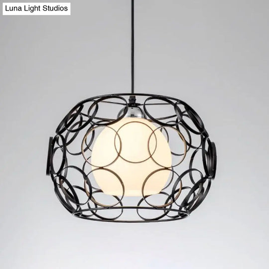 Industrial Single Pendant Ceiling Light With Metallic Cage - Cream Glass & Globular Design Ideal For