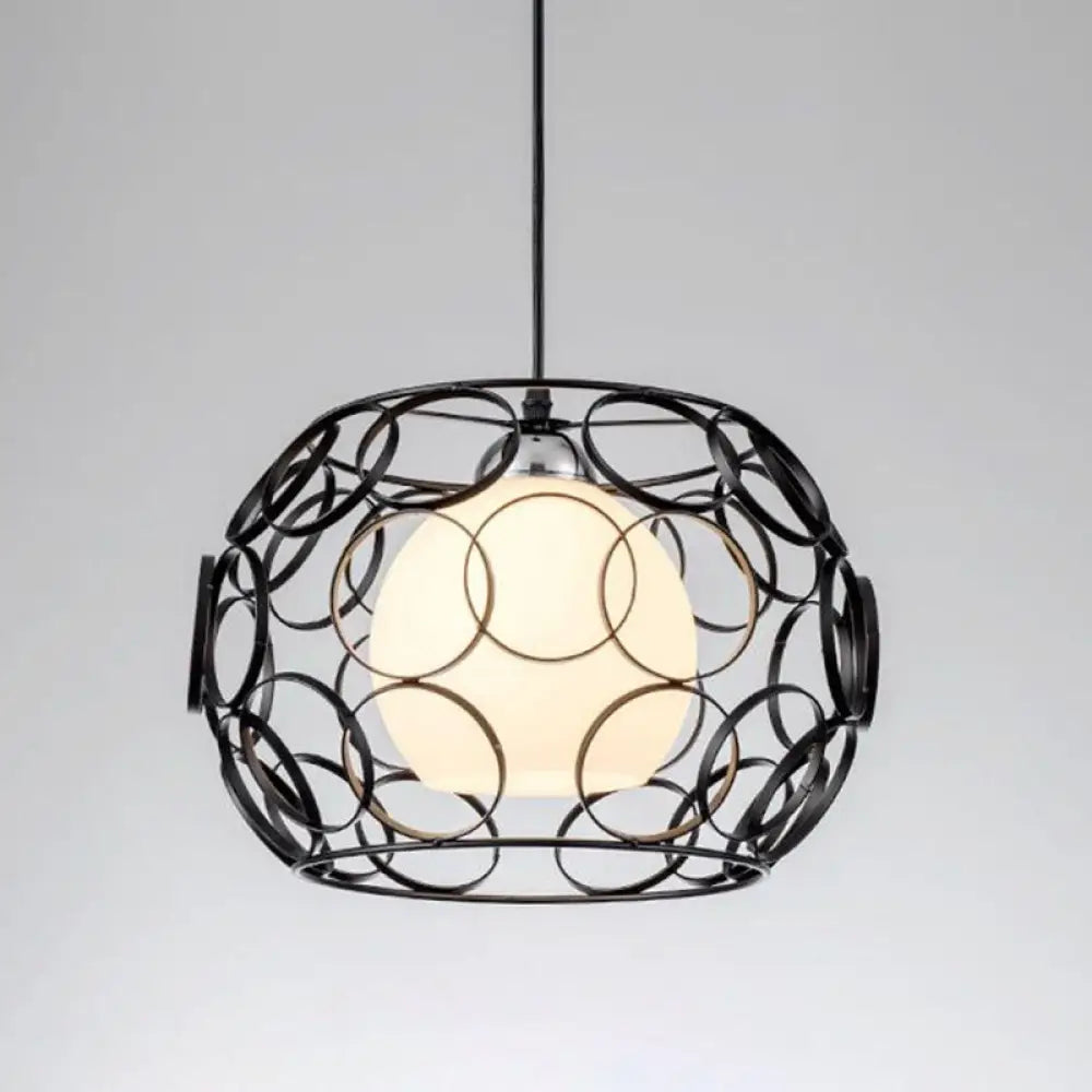 Cream Glass Industrial Pendant Light With Metallic Cage For Restaurants - Global Ceiling Hanging