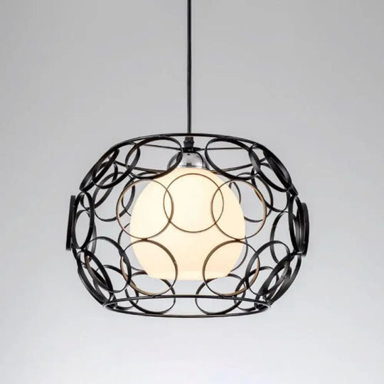 Cream Glass Industrial Pendant Light With Metallic Cage For Restaurants - Global Ceiling Hanging