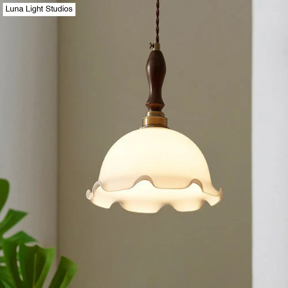Retro Style Cream Glass Pendant Light With Ruffle Edge Suspension For Dining Room
