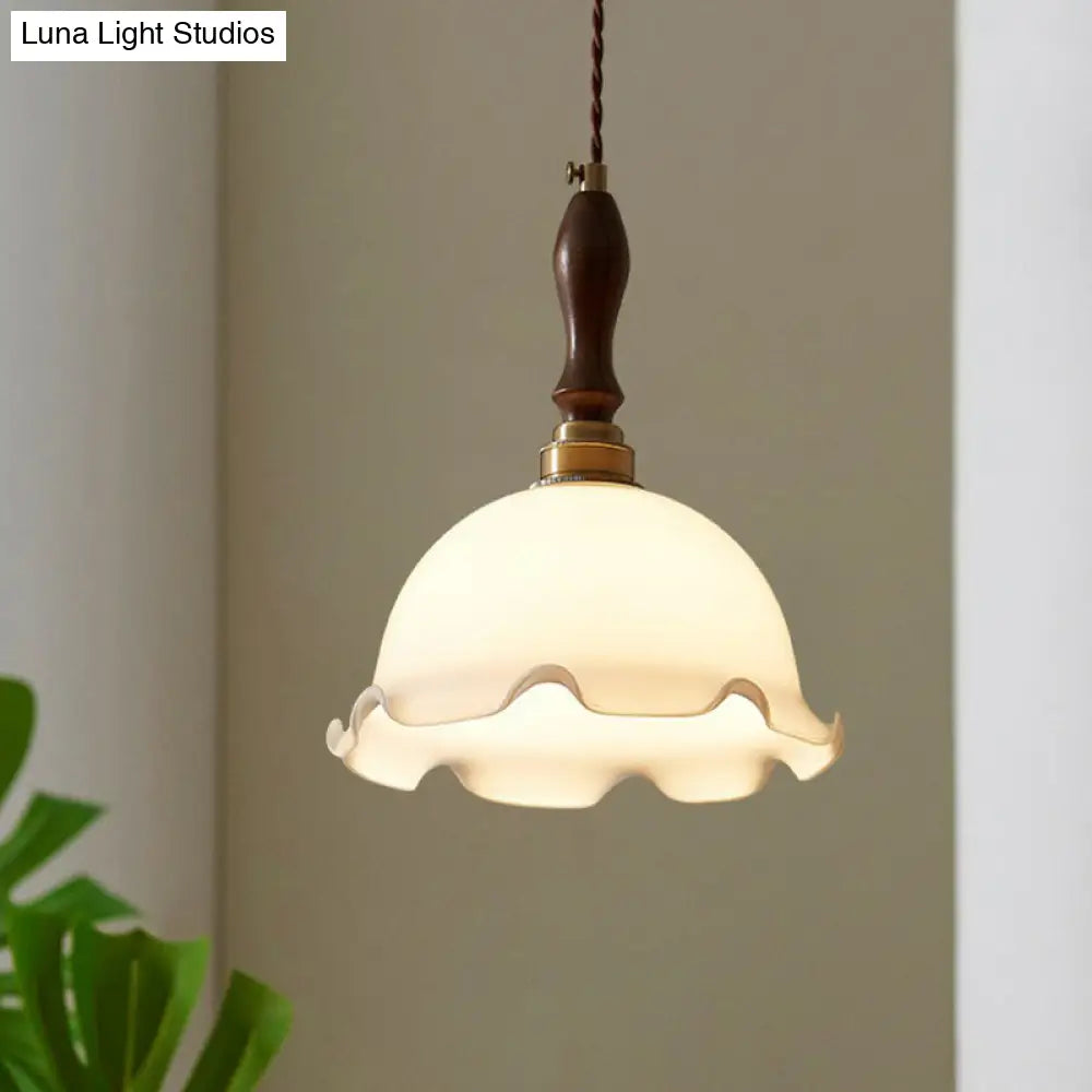 Cream Glass Retro Suspension Light With Ruffle Edge - Perfect For Dining Room