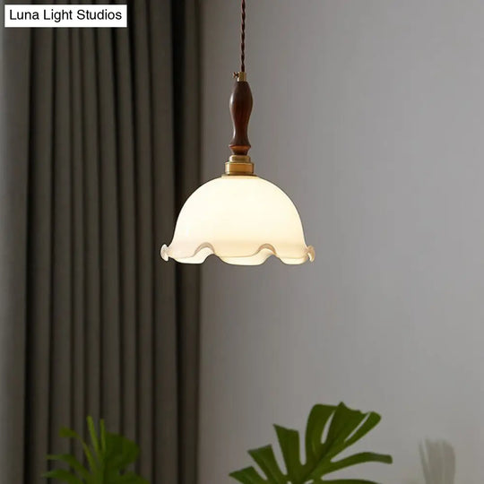 Retro Style Cream Glass Pendant Light With Ruffle Edge Suspension For Dining Room / A