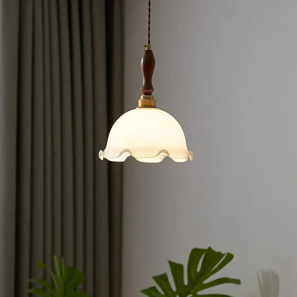 Cream Glass Retro Suspension Light With Ruffle Edge - Perfect For Dining Room / A