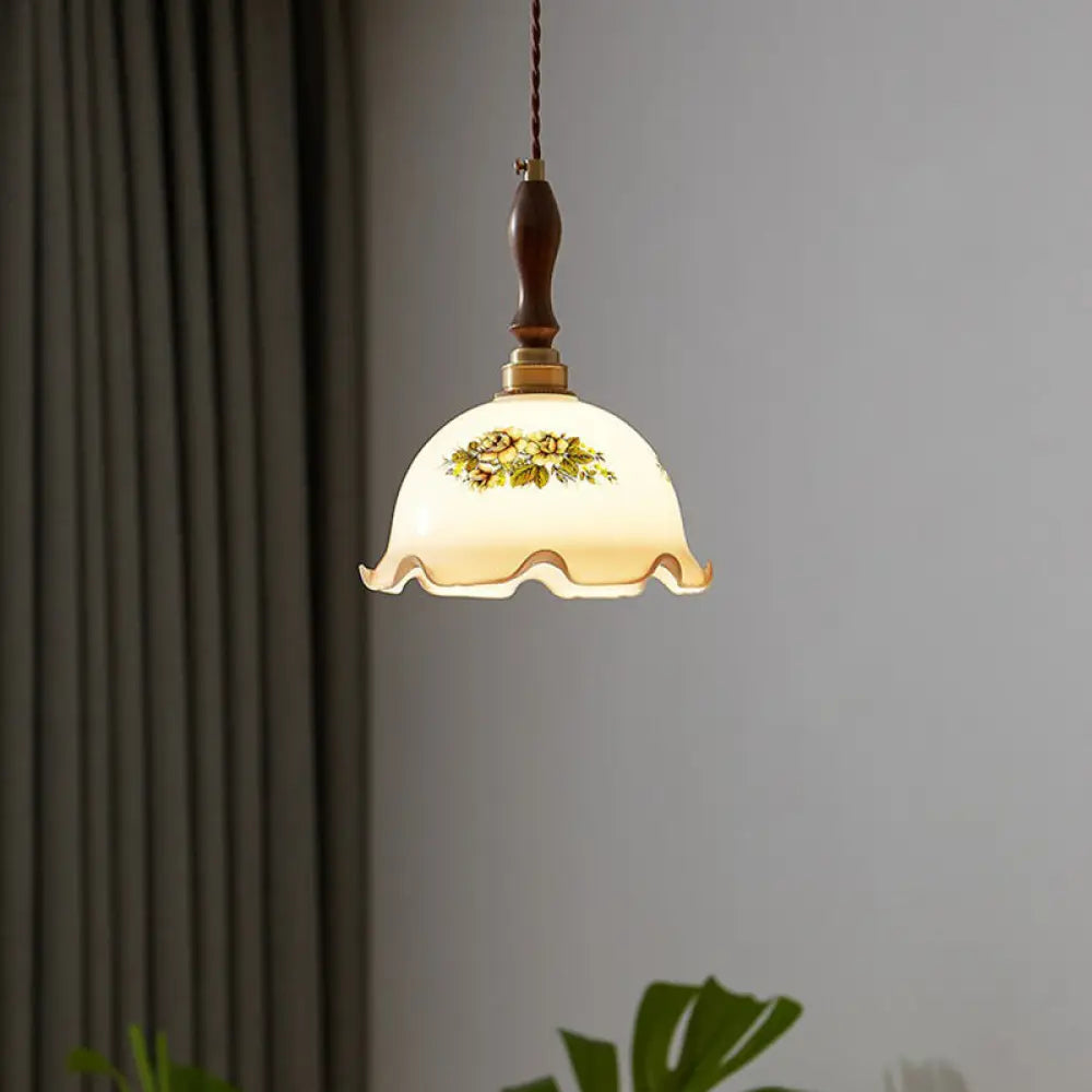 Cream Glass Retro Suspension Light With Ruffle Edge - Perfect For Dining Room / B