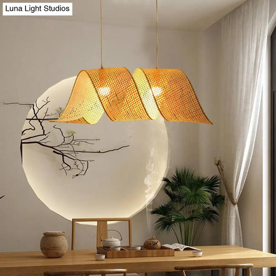 Twisted Bamboo Mesh Pendant Light - Creative Asian Style Beige Suspension Lamp