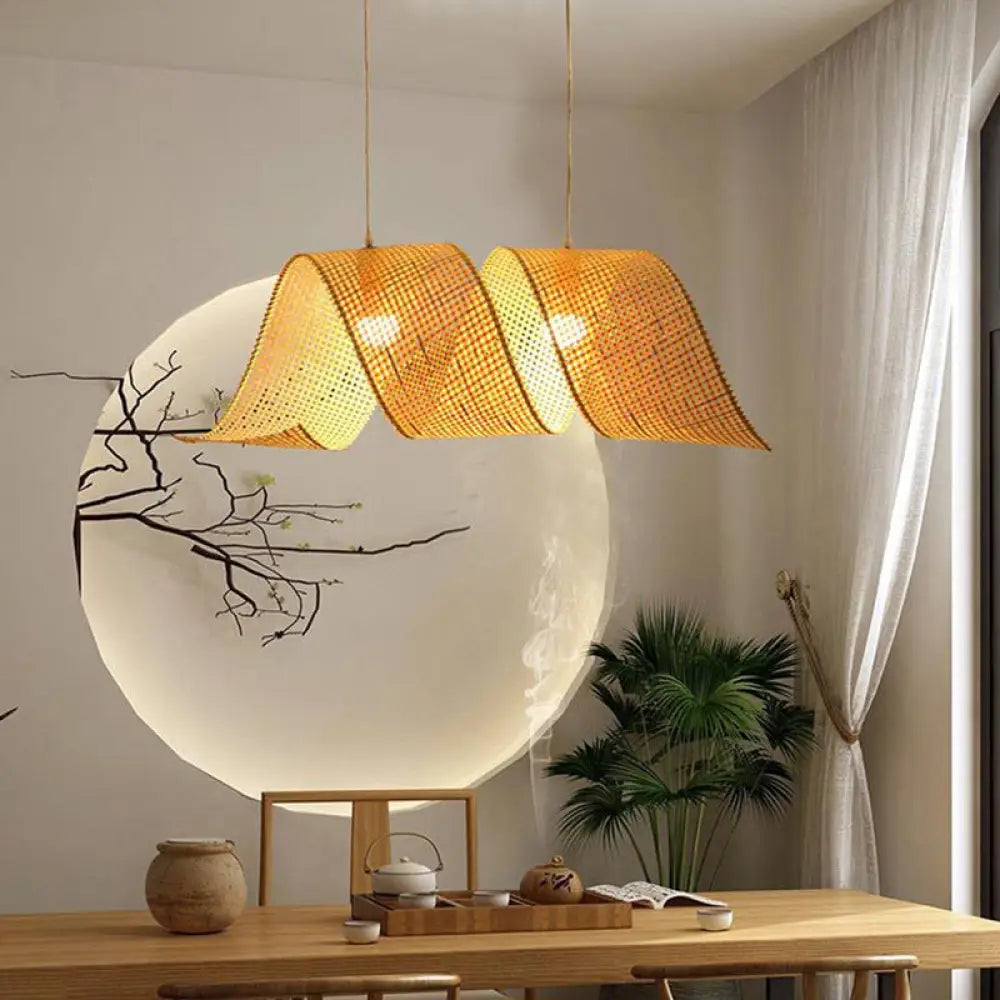 Creative Asian Style Twisted Bamboo Mesh Pendant Light - 1-Light Beige Ceiling Suspension Lamp