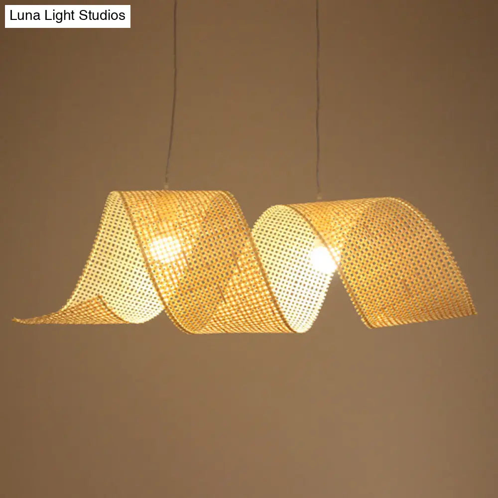 Twisted Bamboo Mesh Pendant Light - Creative Asian Style Beige Suspension Lamp