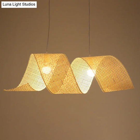 Twisted Bamboo Mesh Pendant Light - Creative Asian Style Beige Suspension Lamp