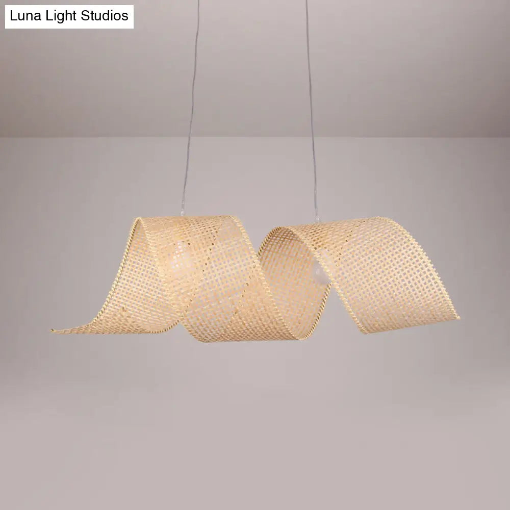 Twisted Bamboo Mesh Pendant Light - Creative Asian Style Beige Suspension Lamp