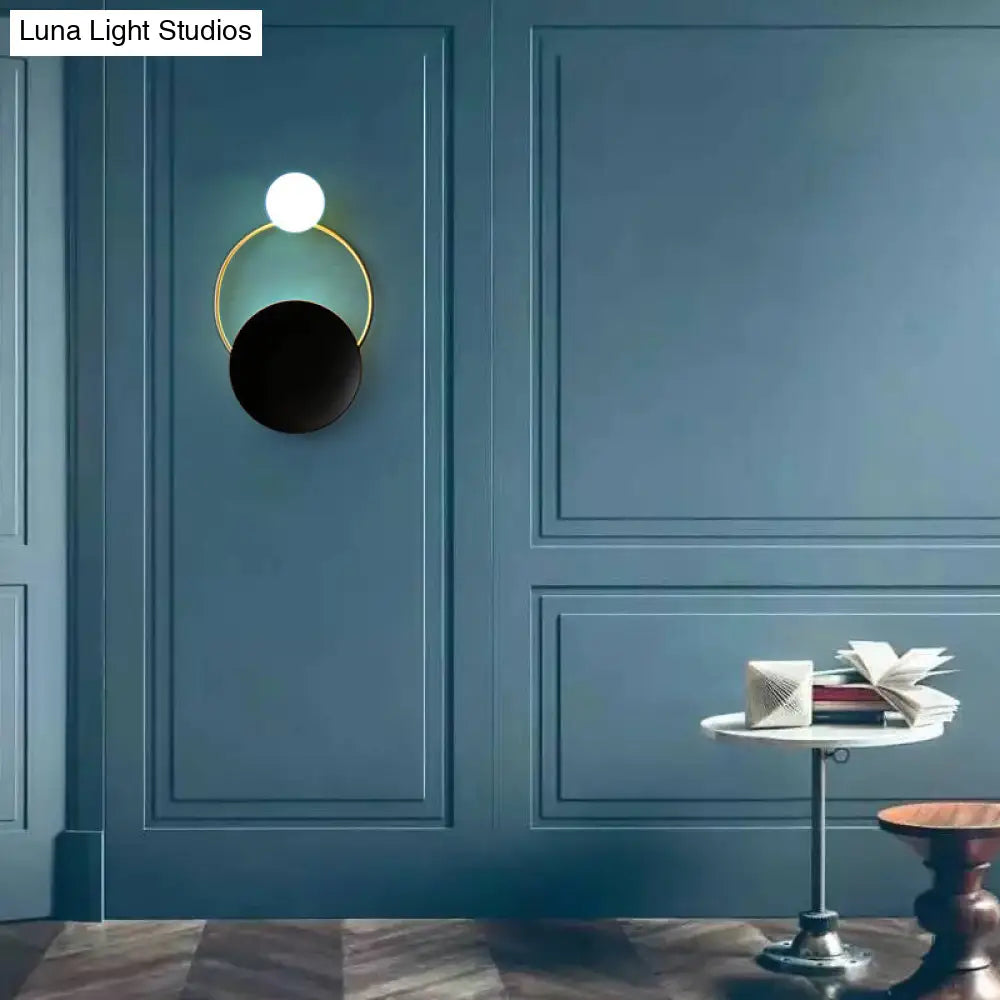 Creative Circle Wall Sconce Cream Glass 1-Head Corridor Light In Black-Brass - Postmodern Design