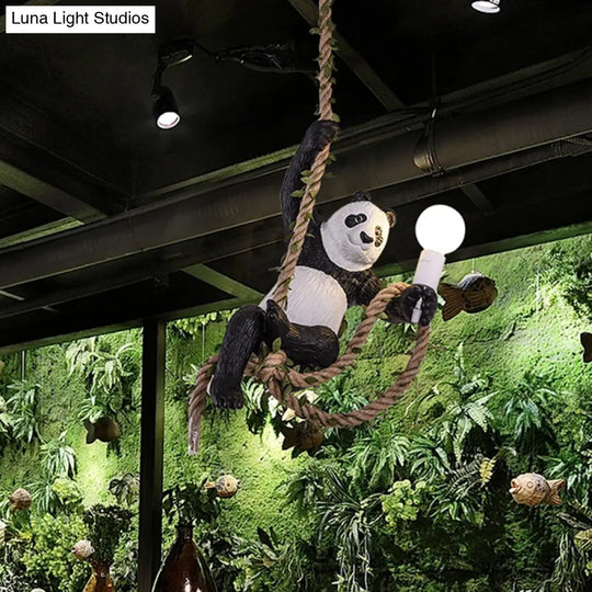 Creative Resin Panda Pendant Light Fixture With Rope Rod Black And White 1-Bulb Hanging Lamp Kit